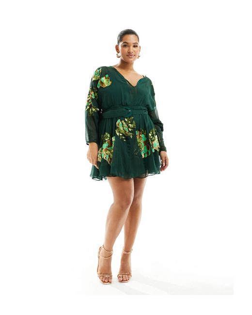 ASOS Green Asos Design Curve Mini Dress With Floral Embellishment And Godet Skirt With Belt