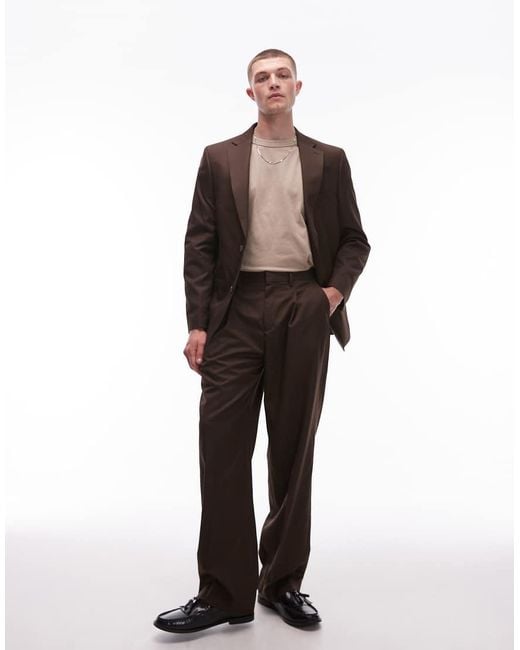Topman Brown Wide Leg Suit Pants for men