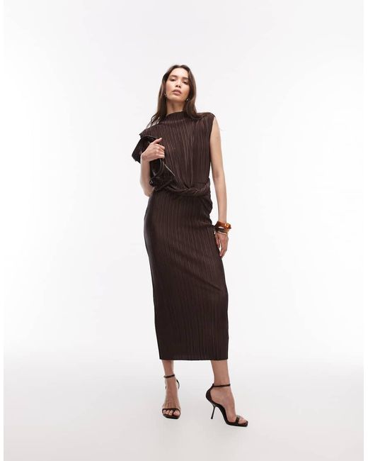 ASOS Brown Plisse Slash Neck Pencil Midi Dress With Twist Waist Detail