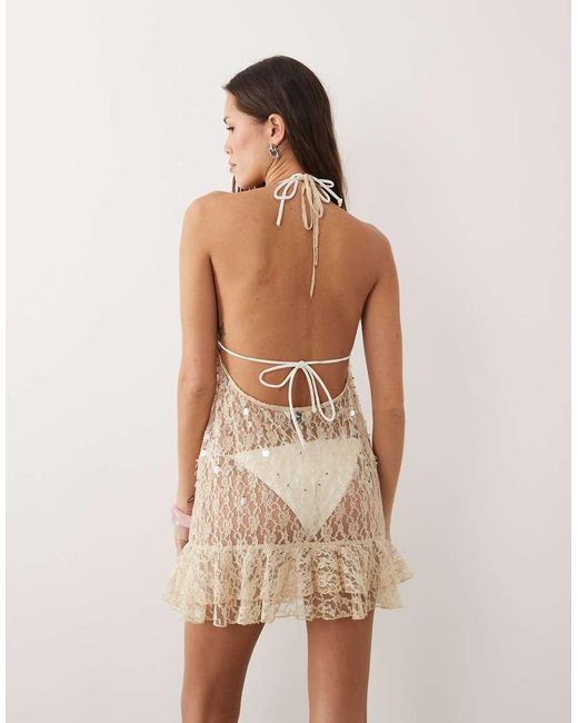 Miss Selfridge Natural Beach Lace Embellished Halterneck Mini Dress