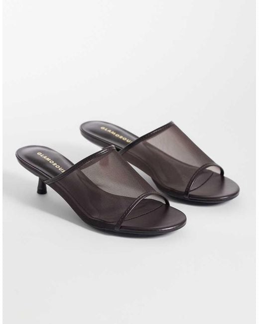 Glamorous Brown Kitten Heel Mesh Sandals