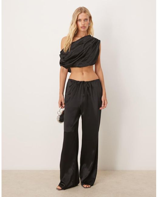 SNDY'S Black Satin One Shoulder Ruched Drape Top Co-ord