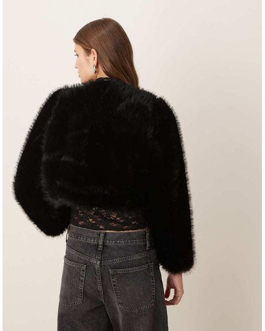 Mango Black Collarless Cropped Faux Fur Jacket