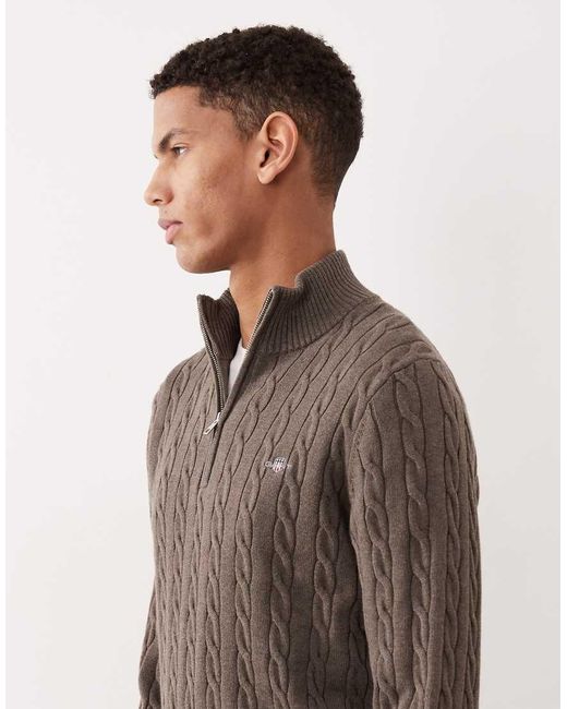 Gant Brown Cotton Cable Knit Half Zip Jumper for men