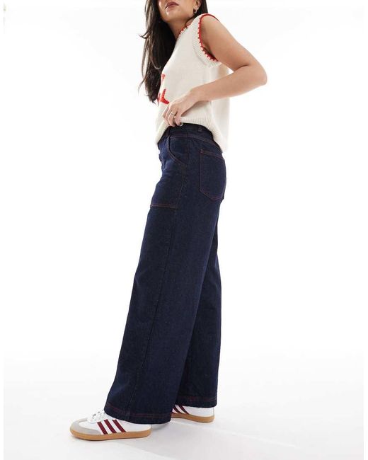 ASOS Blue Wide Leg Denim Jeans With Red Stitching