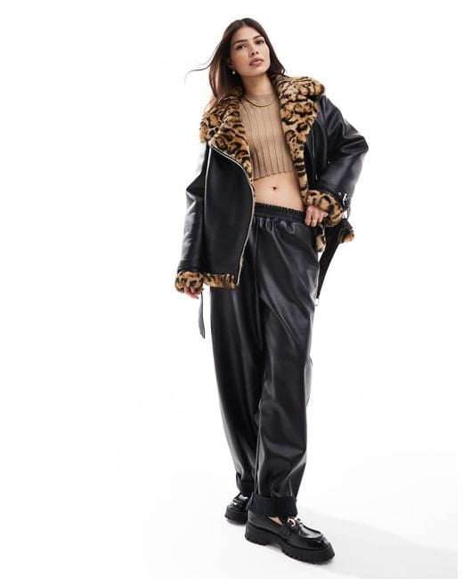 Miss Selfridge Black Faux Leather Aviator With Leopard Contrast Faux Fur