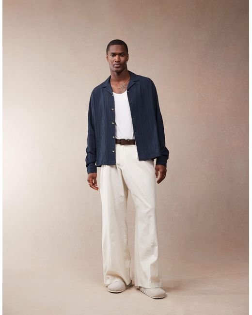 ASOS Blue Smart Loose Leg Linen Blend Trousers With Front Pleat for men
