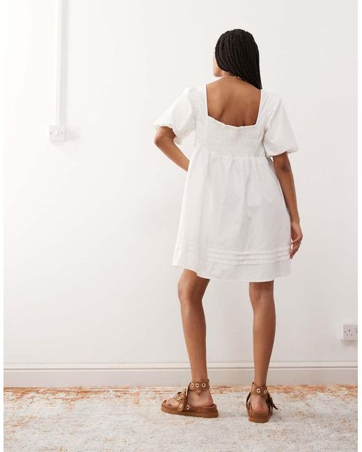 Reclaimed Vintage White Soft Denim Twill Smock Babydoll Mini Dress With Pintuck Details