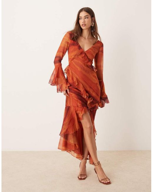 ASOS Orange V Neck Long Sleeve Ruffle Maxi Dress With Cut Out Back