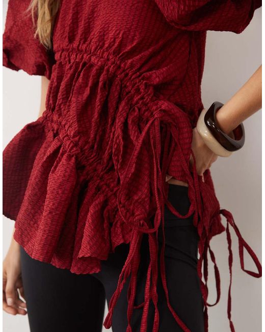 Ghospell Red Micaela Exclusive Puff Sleeve Ruched Detail Top