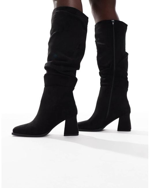 SEQWL Wide Fit Black Fished Slouchy Block Heel Knee Boots