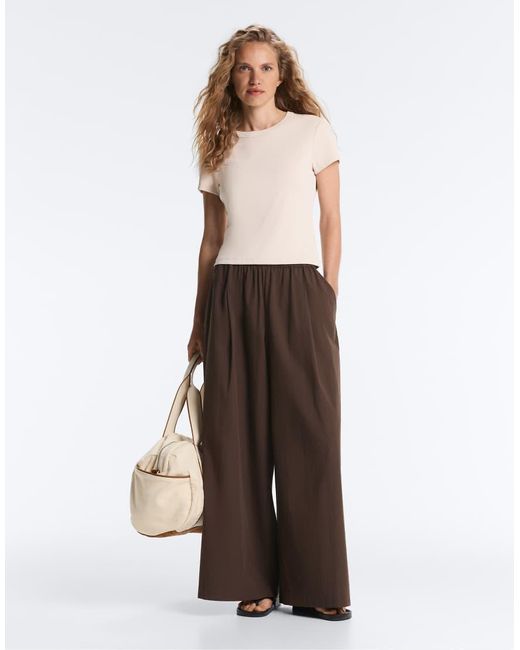 Oysho Brown Fitted Short-sleeved Rib T-shirt With Modal