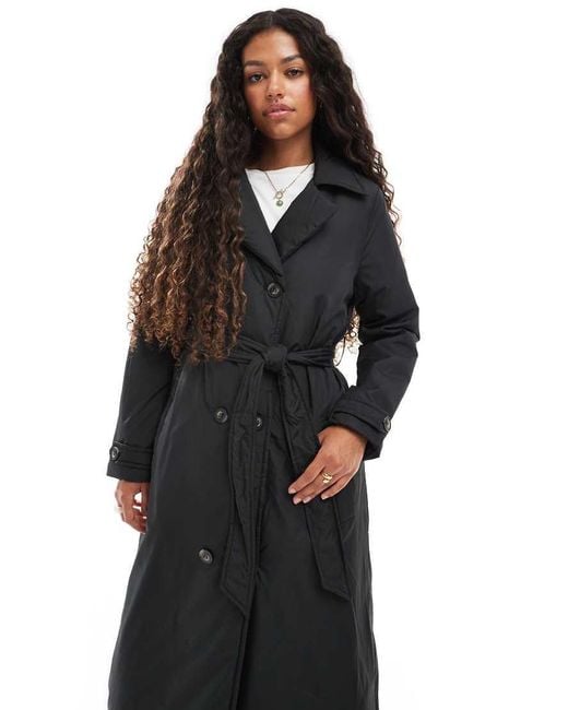 Brave Soul Black Long Double Breasted Padded Coat With Belt