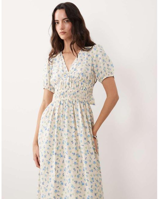 New Look Natural Ditsy V Neck Ruched Waist Midi Dress