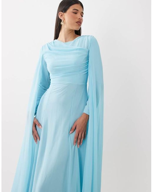 Beauut Blue Chiffon Cape Sleeve Crew Neck Maxi Dress
