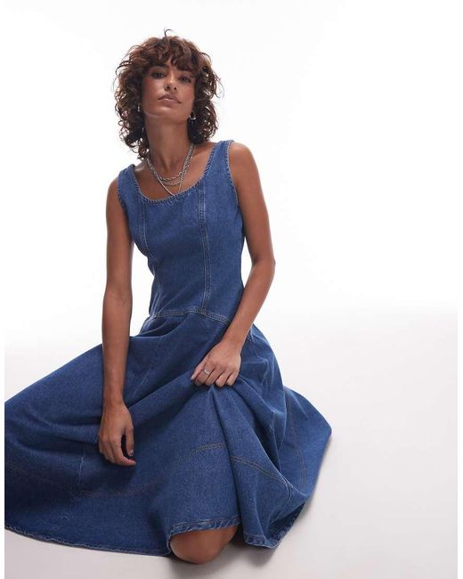 TOPSHOP Blue Denim Circle Dropwaist Strappy Midi Dress