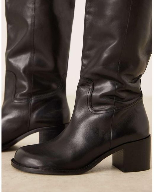 ASOS Natural Clyde Leather Round Toe Pull On Knee Boots