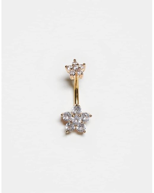 Kingsley Ryan White Gold Plated Double Gem-set Cluster Belly Bar-silver