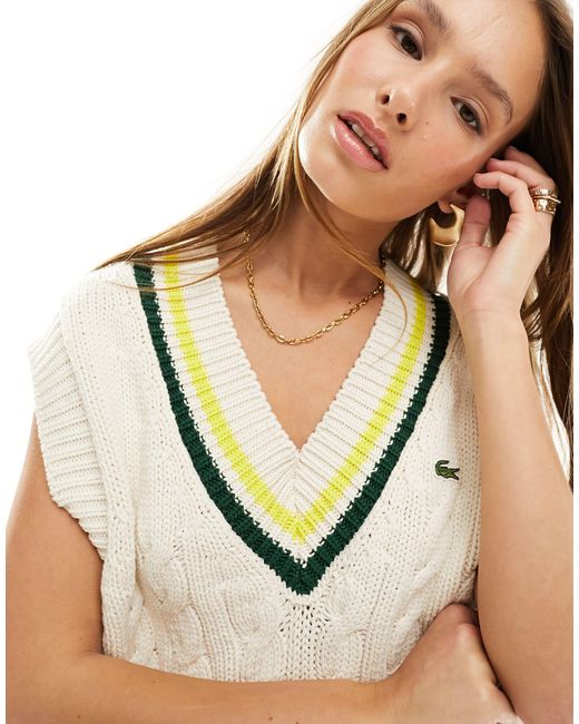 Lacoste White Chunky Cable Knit Cricket Jumper