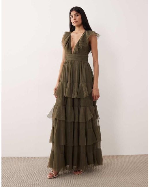 LACE & BEADS Natural Tulle Flutter Sleeve Tiered Frill Maxi Dress