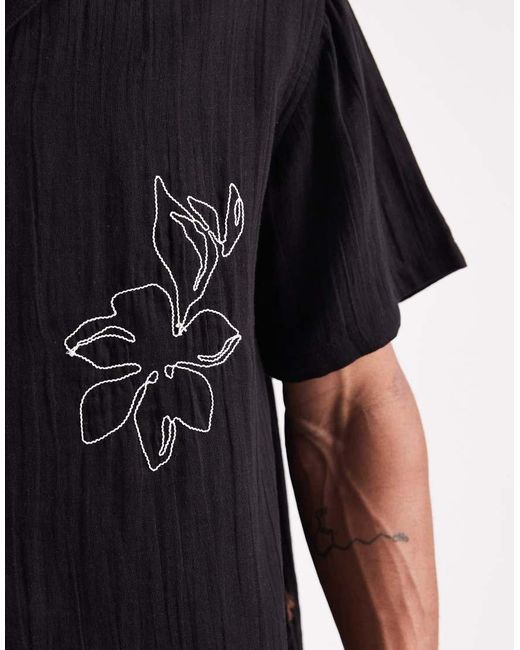 Aray Black Embroidered Revere Beach Shirt for men