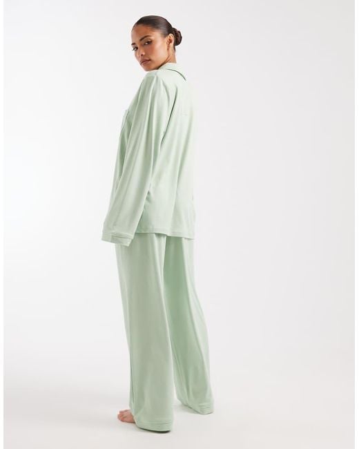 Loungeable Petite Green Super Soft Jersey Revere Top And Wide Leg Pyjama Set