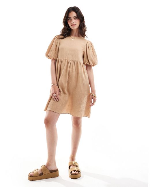 ASOS Natural Double Cloth Mini Smock Dress With Puff Ball Sleeves