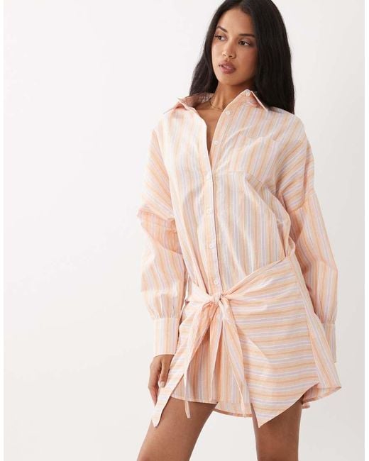 Noughts & Kisses Blue Pinstripe Wrap Waist Shirt Mini Dress