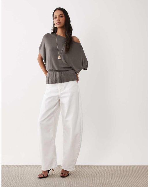 Mango Gray Boat Neck Short Sleeve Knitted Top