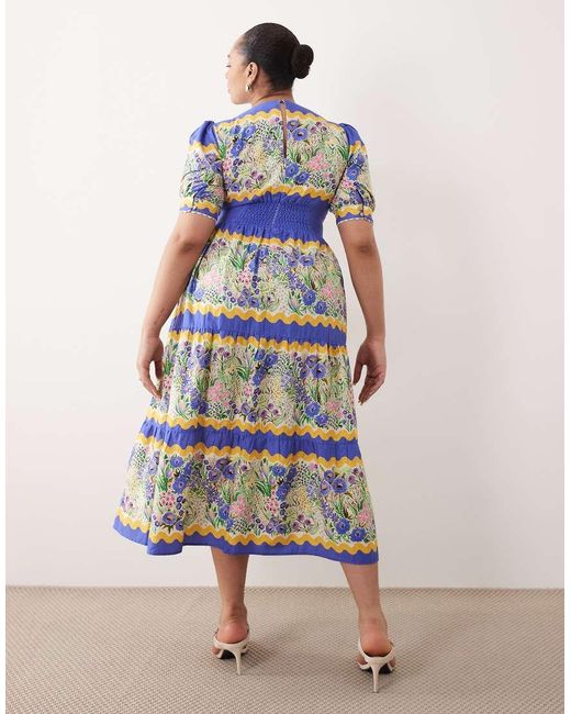 Hope & Ivy Plus Blue V-neck Puff Sleeve Midi Smock Dress