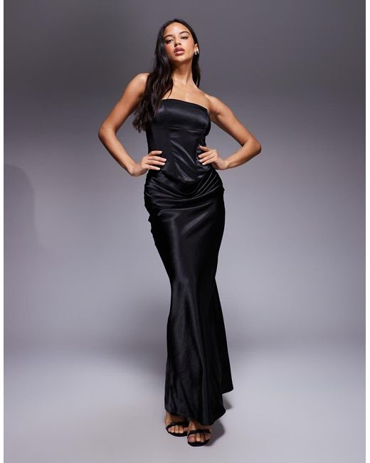 Wanderdoll Black Luna Satin Drape Waist Maxi Skirt Co-ord