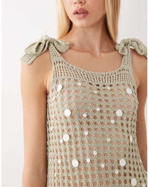 Miss Selfridge Natural Beach Metallic Crochet Faux Pearl Mini Dress