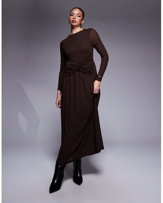 ASOS Long Sleeve Slash Neck Twist Detail Maxi Dress in Blue | Lyst