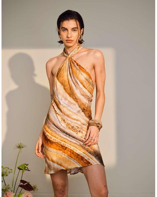 TOPSHOP Satijnen Mini Jurk Met Gestrikte Halternek in het Natural