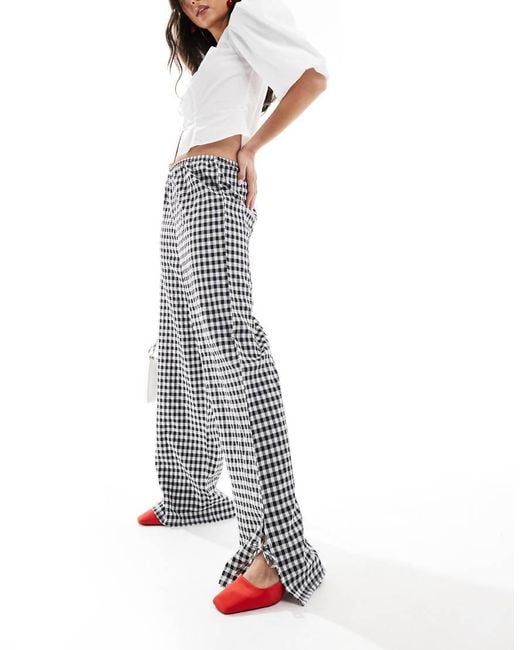 Miss Selfridge White Wide Leg Gingham Trousers With Tie Side Detail