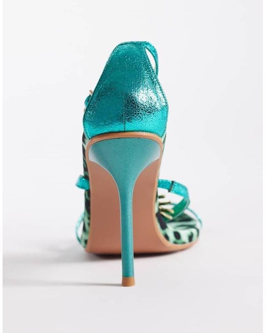 Public Desire Blue Kitten Heel Sandals With Metal Sun Details