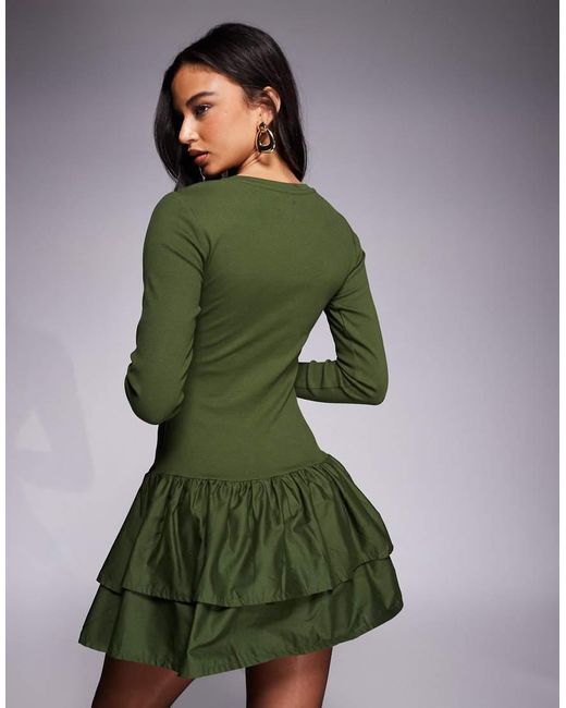 ASOS Green Ribbed Mini Dress With Woven Skirt