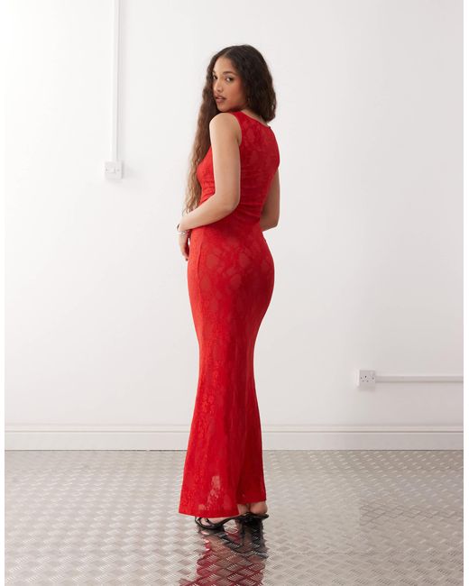 Amy Lynn Red Sheer Lace Slip Maxi Dress