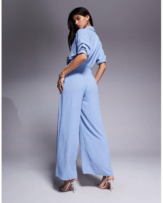 ASOS Blue Draped Collared Wide Leg Jumpsuit