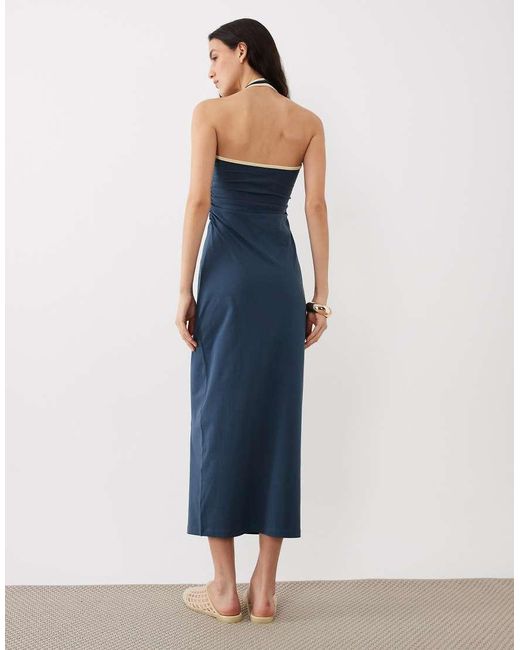 ASOS Blue Halter Midi Dress With Buttermilk Contrast Trim