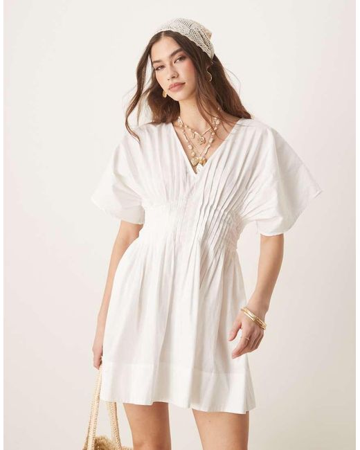 ASOS Natural V Neck Short Sleeve Mini Dress With Narrow Pintucks
