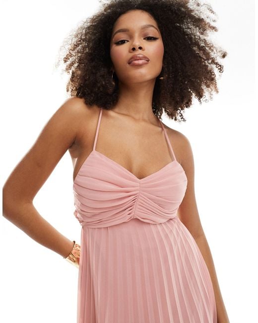 ASOS Pink Pleated Bodice Strappy Pleat Midi Dress With Tie Back Detail
