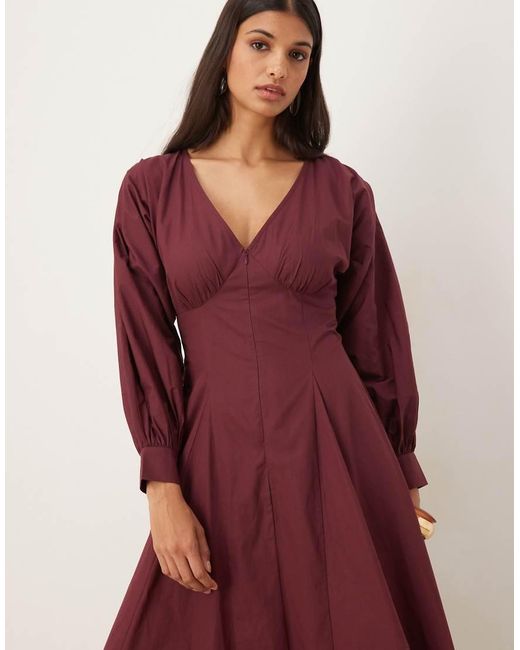 ASOS Red Long Sleeve V Neck Poplin Maxi Dress