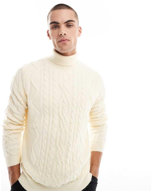 ASOS Natural Heavyweight Cable Knit Roll Neck Jumper for men