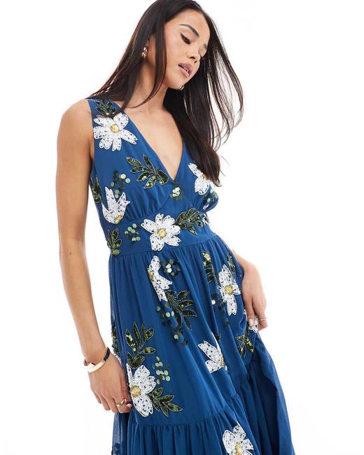Maya Blue Floral Embellished V Neck Midaxi Dress