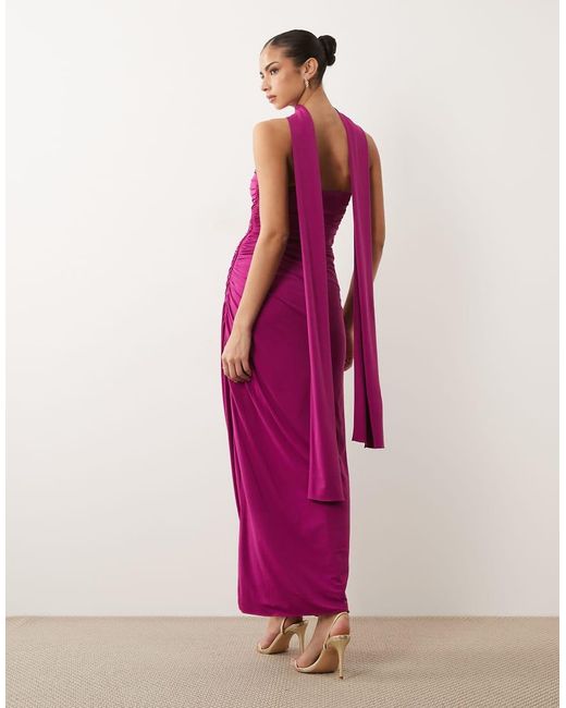 TFNC London Pink Slinky Bandeau Ruched Maxi Dress With Scarf