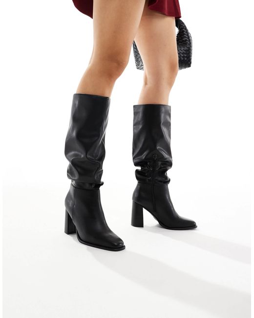 London Rebel White maggie Slouchy Block Heel Boots