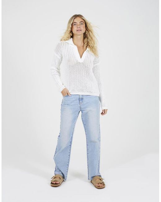 Brave Soul White Collared V-Neck Open Mesh Knit Jumper