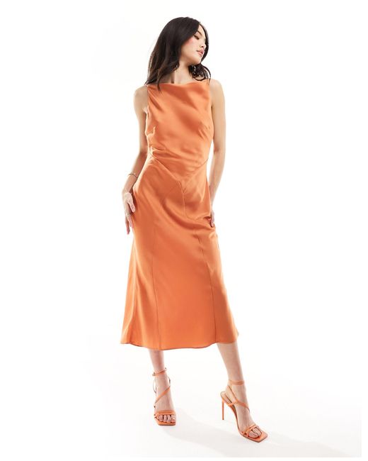 ASOS Orange Satin Square Neck Midi Dress With Cowl Back Detail