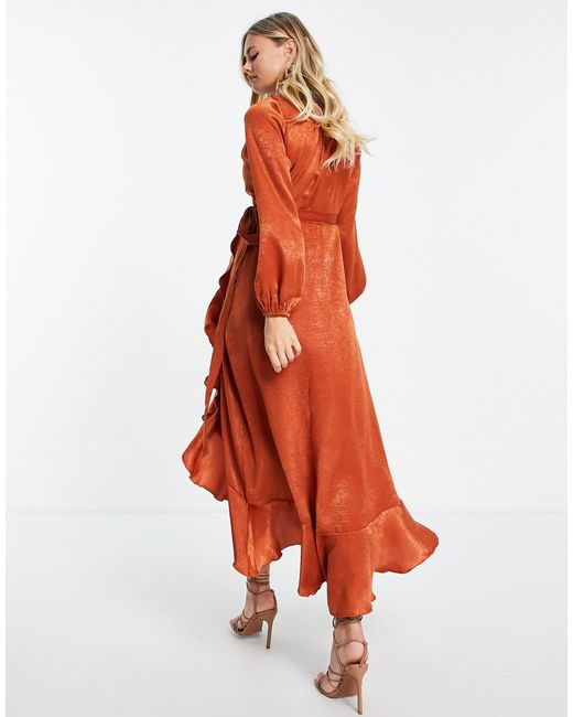 Flounce London Long Sleeve Satin Wrap Maxi Dress in Cinnamon (Orange) - Lyst